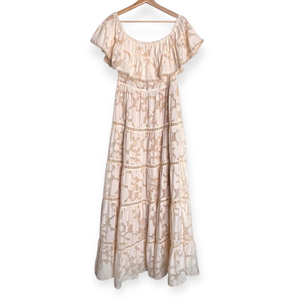Bohemian Ruffle Off-Shoulder Maxi Dress in Blush Cream